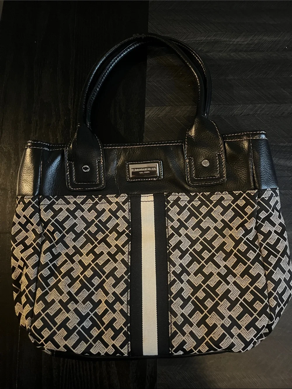 Black and Cream Patterned Tote Bag with Center Stripe
